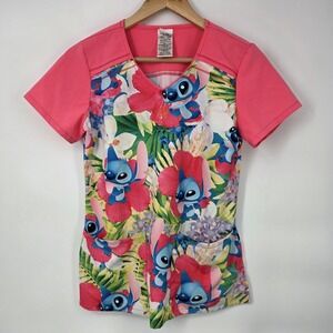 M Lilo & Stitch Scrub Pink Top Shirt Y2K Disney Hawaiian Cartoon Movie Alien XS‎